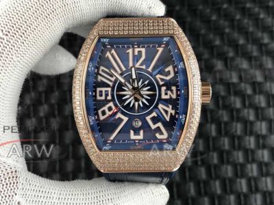 Perfect Replica Franck Muller V45 SC DT Blue Dial Yellow Gold Diamond Bezel 42mm Watch